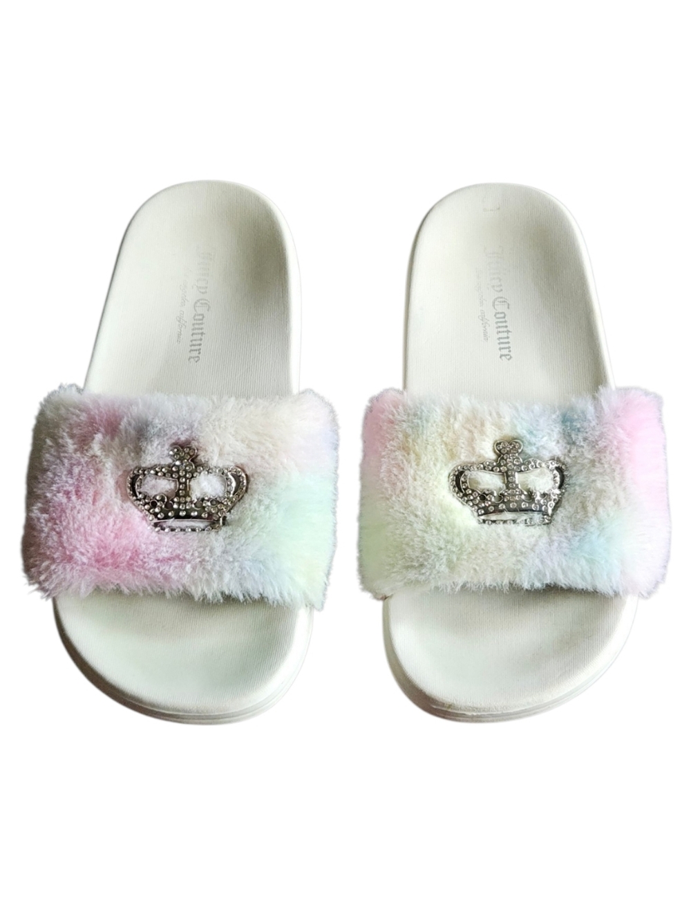 👑Juicy Couture Pastel Rainbow Faux Fur Slides w/ Silver Rhinestone Crown 7 GPC